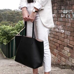Cuyana Structured Pebbled Black Leather Tote Bag